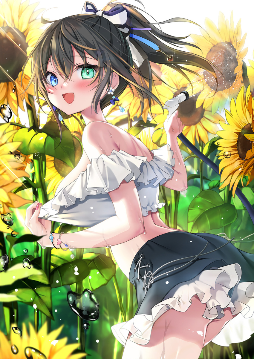 1girl :d ass bare_shoulders black_hair black_skirt blue_eyes bow breasts character_request clothes_pull cowboy_shot crop_top earrings emori_miku_project flower frilled_shirt frills from_behind from_side green_eyes hair_bow heterochromia highres holding hose jewelry large_breasts leaning_forward long_hair looking_at_viewer looking_back midriff miniskirt multicolored_hair off-shoulder_shirt off_shoulder open_mouth ponytail pulled_by_self shirt shirt_pull skirt smile solo standing streaked_hair sunflower sunlight thighs wet white_shirt yoruhoshi_owl