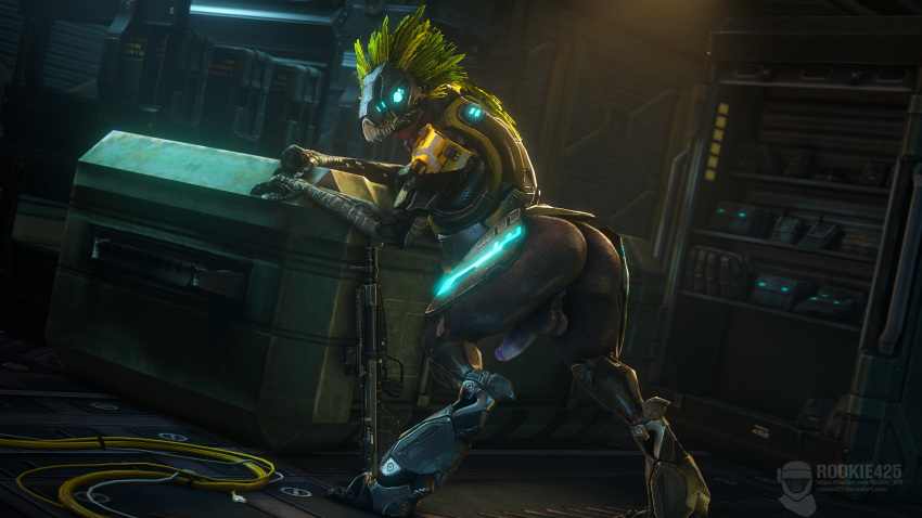 alien anthro anus armor balls bent_over big_butt big_penis bravo44_(artist) butt erection feathers genitals gun halo_(series) hi_res humanoid kig-yar looking_at_viewer male microsoft penis plumage presenting presenting_anus presenting_balls presenting_hindquarters presenting_penis pubes ranged_weapon rifle rookie425 scalie science_fiction solo spread_legs spreading t'vaoan video_games weapon xbox_game_studios yellow_body yellow_feathers