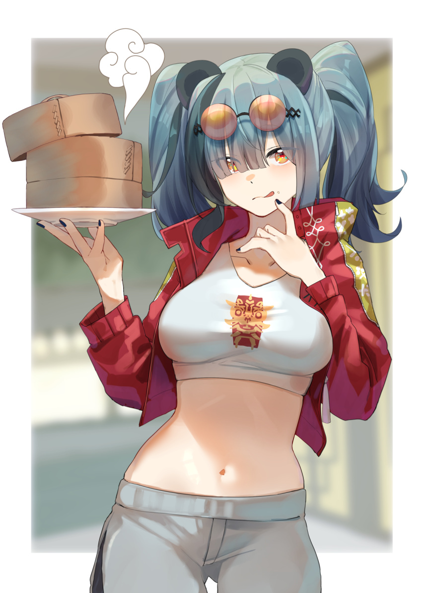 1girl :q animal_ears arknights bangs black_hair black_nails border breasts commentary_request cowboy_shot crop_top cropped_jacket feater_(arknights) feater_(gourmet)_(arknights) grey_hair grey_pants hands_up highres holding holding_plate jacket large_breasts long_hair looking_at_viewer midriff nail_polish navel official_alternate_costume open_clothes open_jacket outside_border panda_ears pants plate red_jacket shirt solo standing stomach t-shirt tongue tongue_out twintails white_border white_shirt yellow_eyes yoshimori_isa