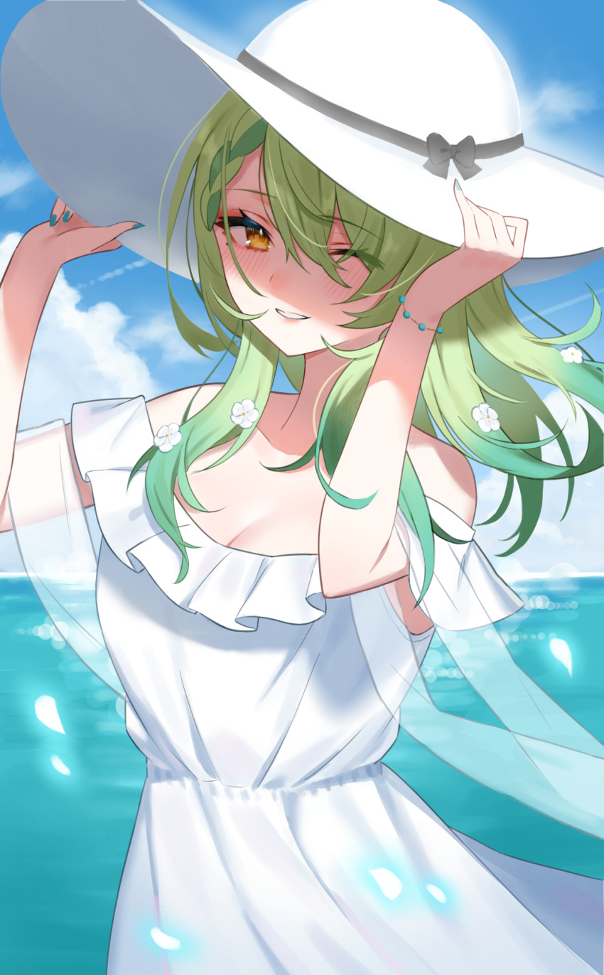 1girl beach bracelet braid ceres_fauna dress french_braid frills green_hair green_nails gukurosawa01 hat highres hololive hololive_english jewelry long_hair nail_polish one_eye_closed smile solo sun_hat sundress virtual_youtuber white_dress yellow_eyes