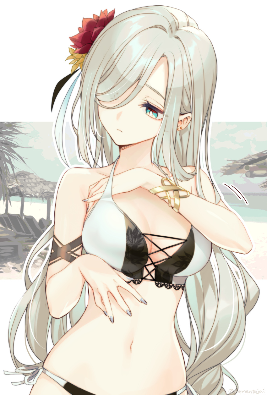 1girl absurdres bangs bikini blue_eyes bracelet breasts cleavage closed_mouth ear_piercing flower genshin_impact grey_hair grey_nails hair_flower hair_ornament hair_over_one_eye hand_under_clothes hand_under_swimsuit highres jewelry large_breasts long_hair looking_away memeno nail_polish navel piercing red_flower shenhe_(genshin_impact) solo stomach swimsuit upper_body very_long_hair white_bikini yellow_flower