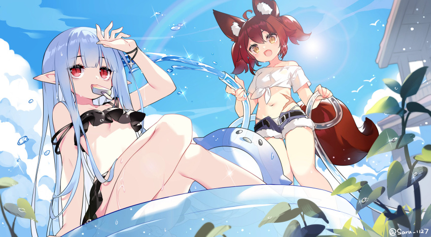 2girls :d ahoge animal_ear_fluff animal_ears arm_up bangs belt belt_buckle bikini bikini_under_clothes black_belt black_bikini blue_hair blue_shorts blue_sky breasts brown_eyes brown_hair buckle cloud commentary_request day fang food_in_mouth fox_ears fox_girl fox_tail front-tie_top fur-trimmed_shorts fur_trim highres hose long_hair multiple_girls navel off_shoulder original outdoors plant pointy_ears red_eyes saru scarf shirt short_hair short_shorts short_sleeves shorts sitting sky small_breasts smile standing swimsuit tail tied_shirt twintails twitter_username very_long_hair wading_pool water white_bikini white_shirt