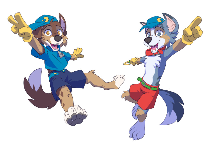 anthro blue_merle bottomwear canid canine canis clothing collar cosplay domestic_dog duo female hat headgear headwear kade_(savestate) klonoa klonoa_(series) male male/female mammal nicole_(savestate) red_merle savestate shirt shirtless shirtless_male shorts spots tim_weeks topwear video_games