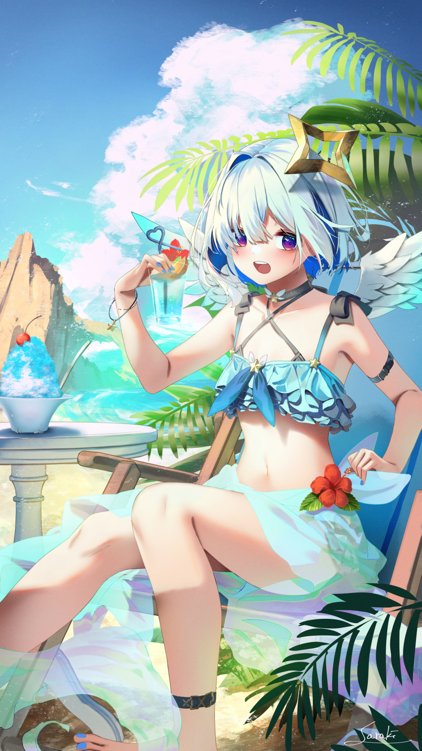 1girl absurdres amane_kanata angel_wings arm_strap bangs bare_legs bikini black_choker blue_bikini blue_eyes blue_hair blue_nails blush choker cloud colored_inner_hair crazy_straw cup day drinking_straw flower grey_hair hair_between_eyes halo highres holding holding_cup hololive multicolored_hair nail_polish navel open_mouth outdoors plant red_flower saraki sarong short_hair signature sitting solo star_halo stomach swimsuit virtual_youtuber wings