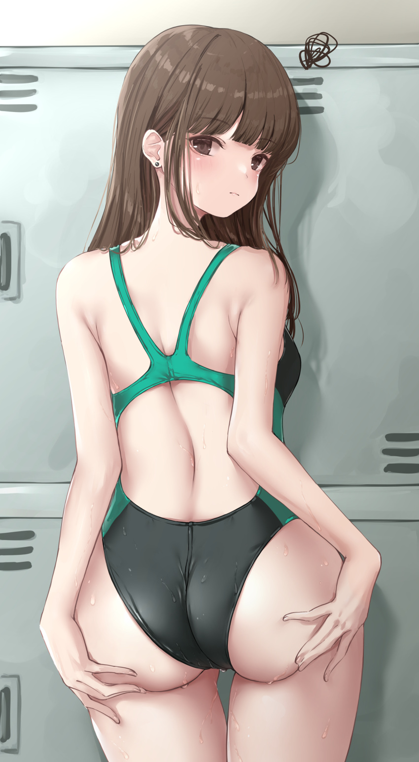 1girl absurdres ass back bangs black_swimsuit blunt_bangs blush breasts brown_eyes brown_hair closed_mouth commentary_request competition_swimsuit ear_piercing green_swimsuit highres indoors locker locker_room long_hair looking_at_viewer looking_back ncontrail_(mgax7527) one-piece_swimsuit original piercing shoulder_blades small_breasts solo squiggle standing swimsuit two-tone_swimsuit wet