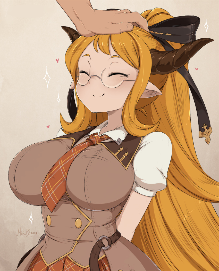 1girl arms_behind_back between_breasts black_bow blonde_hair bow breasts brown_horns brown_vest closed_eyes draph glasses granblue_fantasy hair_bow headpat highres horns huge_breasts long_hair merunyaa necktie necktie_between_breasts plaid plaid_necktie plaid_skirt pointy_ears ponytail puffy_short_sleeves puffy_sleeves rimless_eyewear round_eyewear sarya_(granblue_fantasy) short_sleeves shortstack sidelocks skirt smile solo_focus very_long_hair vest