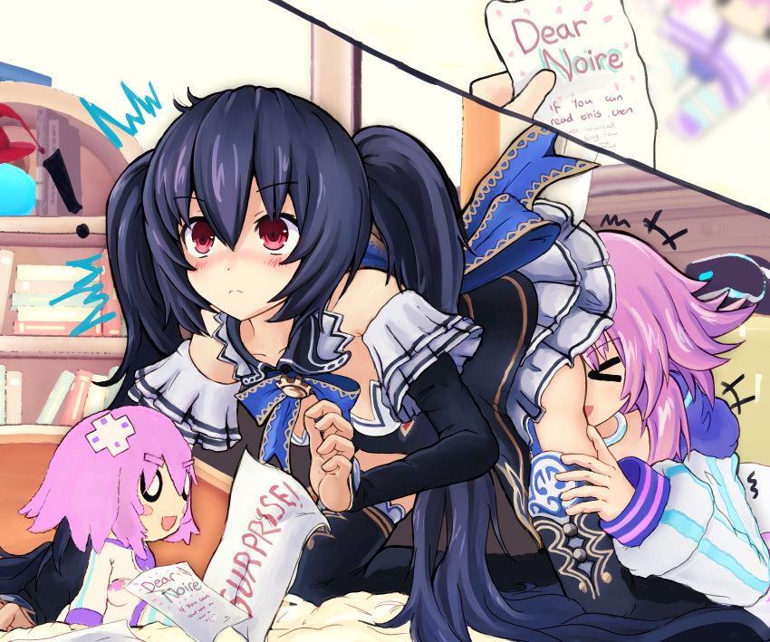 ! 2girls absurdres all_fours arlite bare_shoulders black_hair black_thighhighs breasts character_doll d-pad d-pad_hair_ornament detached_sleeves dress embarrassed frilled_dress frilled_sleeves frills hair_ornament highres long_hair medium_breasts multiple_girls neptune_(neptune_series) neptune_(series) noire_(neptune_series) purple_hair red_eyes thighhighs twintails yuri