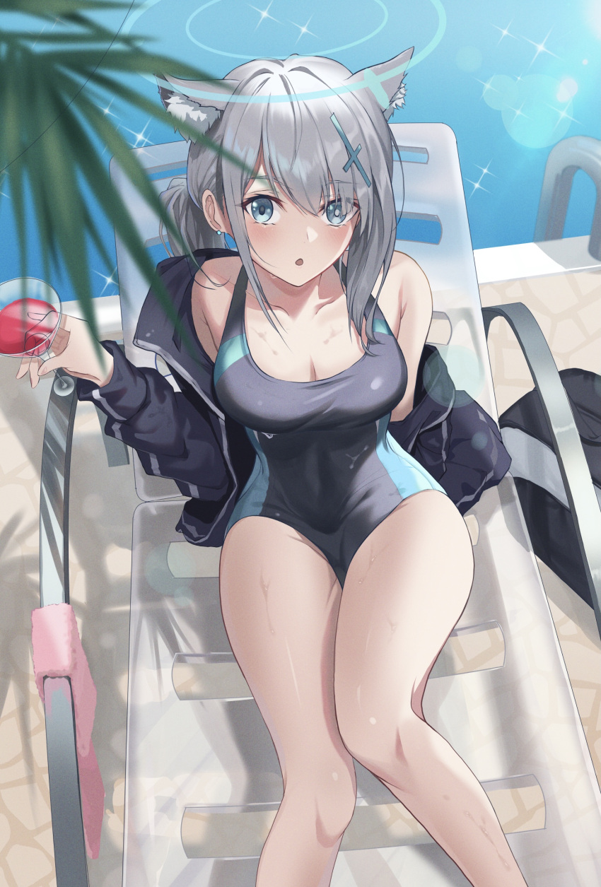 1girl beach_chair black_swimsuit blue_archive blue_eyes blue_swimsuit breasts competition_swimsuit cross_hair_ornament cup drinking_glass earrings extra_ears grey_hair hair_ornament halo highleg highleg_swimsuit highres holding holding_cup jewelry large_breasts mismatched_pupils multicolored_clothes multicolored_swimsuit one-piece_swimsuit ponytail pool_ladder poolside shiroko_(blue_archive) shiroko_(swimsuit)_(blue_archive) sitting solo stud_earrings swimsuit two-tone_swimsuit uha