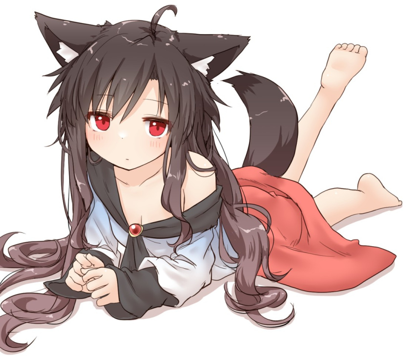 1girl animal_ears barefoot brooch brown_hair dress imaizumi_kagerou jewelry long_hair long_sleeves looking_at_viewer lying natsu_no_koucha off_shoulder on_stomach red_eyes solo tail touhou white_background wolf_ears wolf_tail