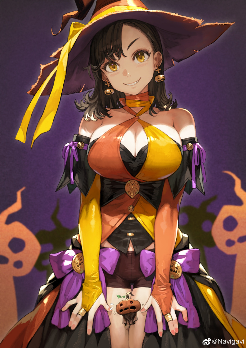 1girl absurdres bangs bare_shoulders between_thighs black_hair breasts bridal_gauntlets brown_shorts cleavage commentary cross cross_earrings dress earrings food-themed_earrings grin halloween_costume halterneck hat highres jewelry jun_(seojh1029) large_breasts medium_hair multicolored_clothes multicolored_dress original parted_bangs person_between_thighs pumpkin_earrings shorts skirt smile struggling thighs weibo_logo weibo_username witch_hat yellow_eyes