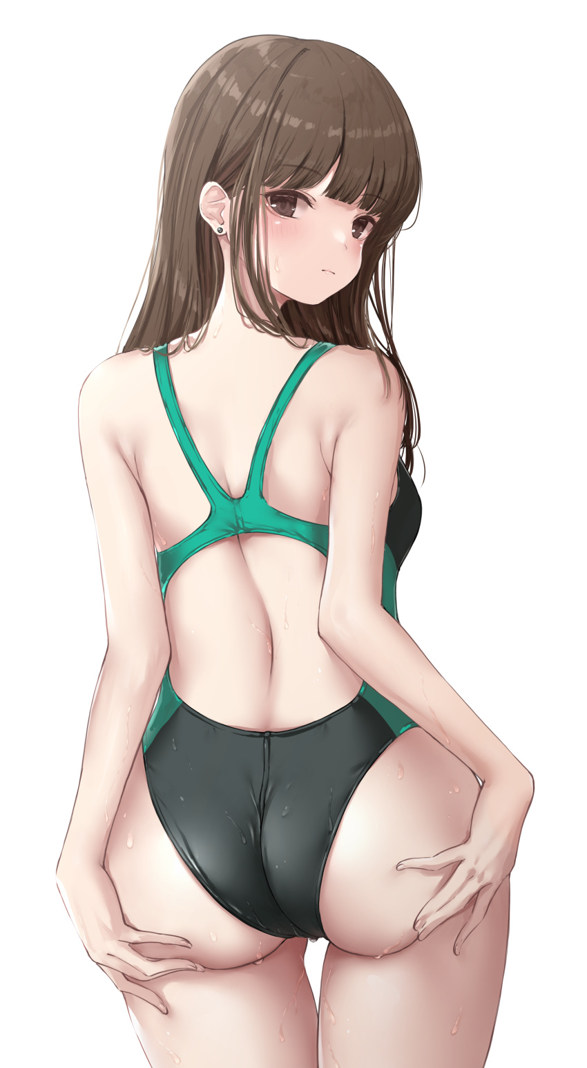 1girl absurdres ass back bangs black_swimsuit blunt_bangs blush breasts brown_eyes brown_hair closed_mouth commentary_request competition_swimsuit ear_piercing green_swimsuit highres long_hair looking_at_viewer looking_back ncontrail_(mgax7527) one-piece_swimsuit original piercing shoulder_blades simple_background small_breasts solo standing swimsuit two-tone_swimsuit wet white_background