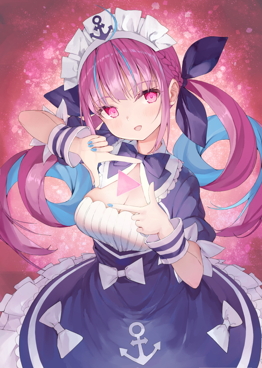 1girl absurdres ahoge anchor_print bangs blue_bow blue_bowtie blue_dress blue_hair blue_nails blue_ribbon blush bow bowtie braid breasts cleavage colored_inner_hair dress drill_hair finger_frame frilled_dress frills hair_ribbon highres hololive large_breasts long_hair looking_at_viewer maid_headdress minato_aqua multicolored_hair nail_polish nogami_(minamiituki) open_mouth pink_eyes ribbon short_sleeves solo twin_drills twintails virtual_youtuber wrist_cuffs