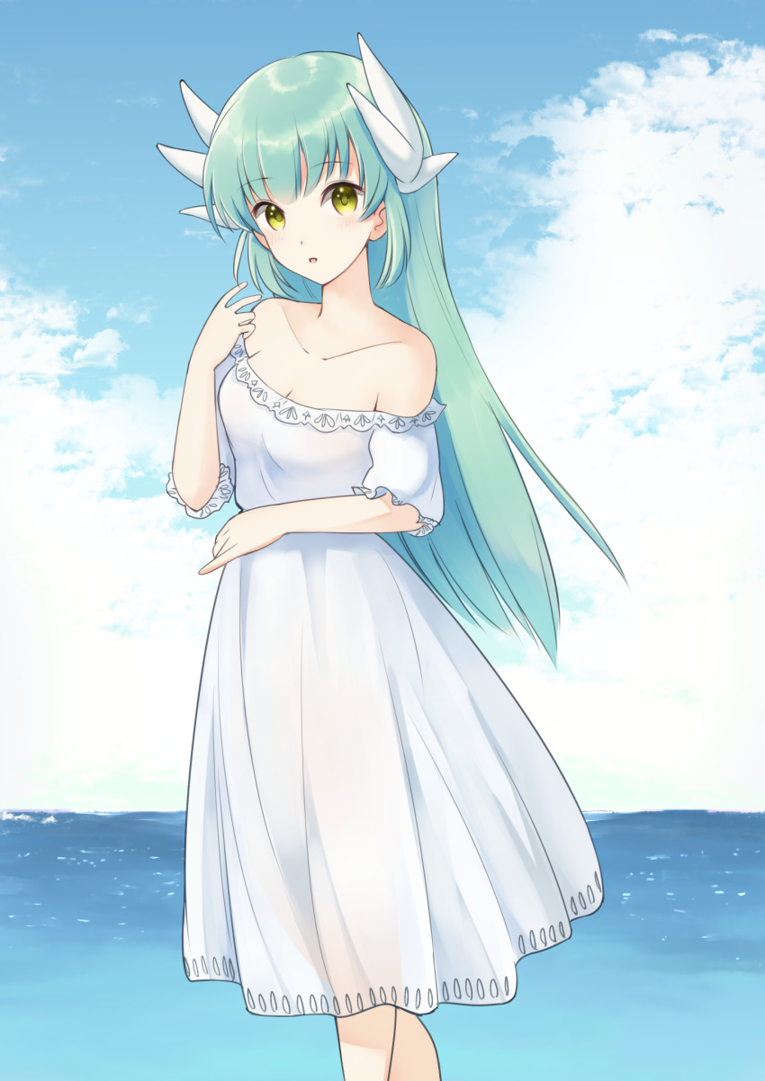 1girl aqua_hair bangs bare_shoulders blue_sky breasts cleavage cloud collarbone day dress fate/grand_order fate_(series) highres horns kamekichi_(kamekiti) kiyohime_(fate) long_hair off-shoulder_dress off_shoulder open_mouth outdoors see-through see-through_dress shiny shiny_hair short_sleeves sky small_breasts solo standing straight_hair summer sundress very_long_hair white_dress yellow_eyes