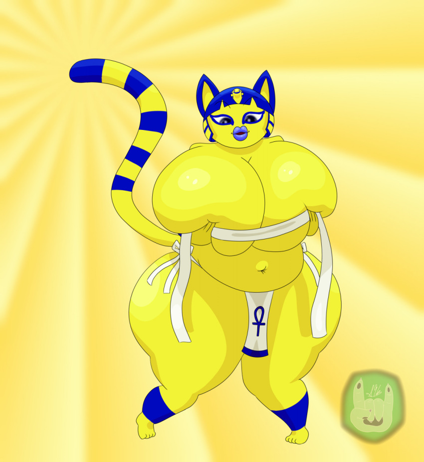 animal_crossing ankha_(animal_crossing) anthro bandage belly big_belly big_breasts bimbofication blue_hair breast_grab breasts cleavage clothed clothing covered_nipples domestic_cat egyptian felid feline felis female fur glistening glistening_eyes grey_eyes hair hand_on_breast hi_res holding_breast huge_breasts huge_hips huge_thighs lips lipstick looking_at_viewer looking_down makeup mammal navel nintendo open_mouth overweight overweight_anthro overweight_female sammyc96 seductive shaded signature slightly_chubby solo standing thick_lips thick_thighs video_games wide_hips yellow_body yellow_fur