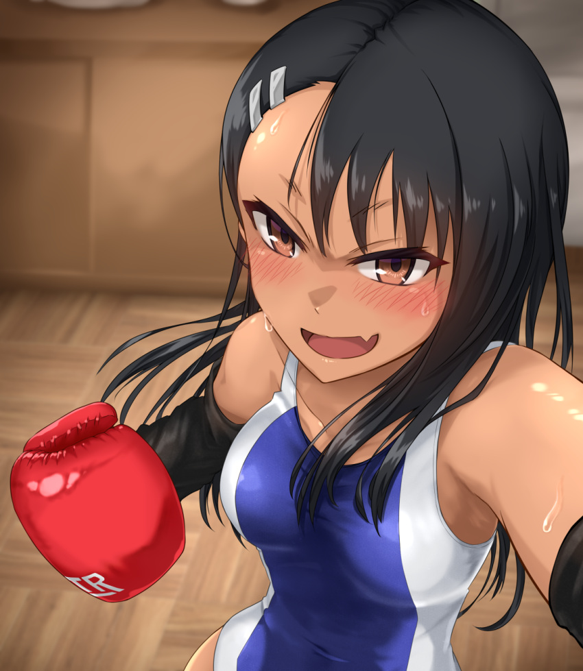 1girl asymmetrical_bangs bangs black_hair blush boxing_gloves breasts brown_eyes competition_swimsuit dark-skinned_female dark_skin elbow_gloves fang gloves hair_ornament hairclip highres ijiranaide_nagatoro-san long_hair looking_at_viewer mixed-sex_combat nagatoro_hayase nm_(tshell2761) one-piece_swimsuit open_mouth skin_fang small_breasts solo sweat swimsuit