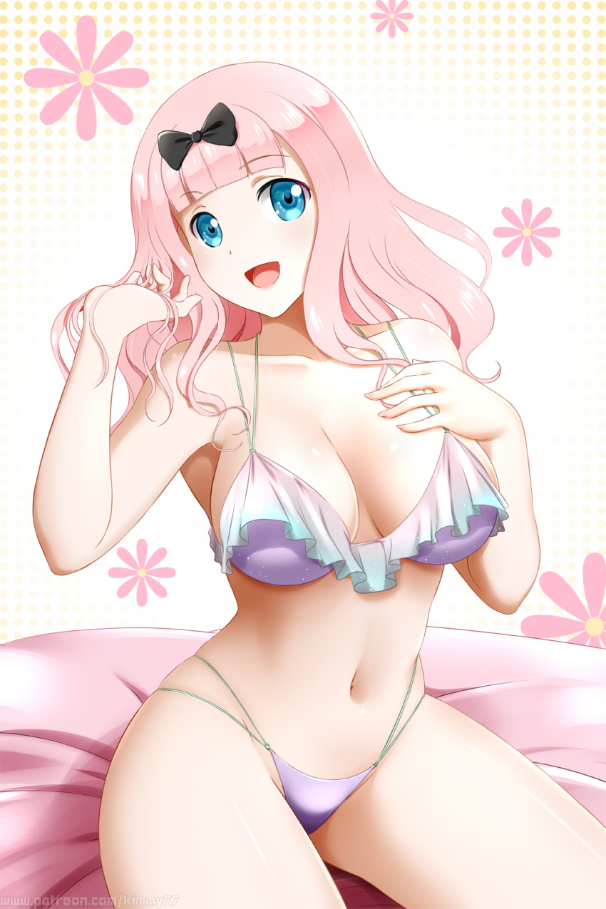 1girl :d bangs banned_artist bare_arms bare_legs bed_sheet bikini black_bow blue_eyes blunt_bangs bow breasts cleavage collarbone fujiwara_chika hair_bow hand_in_own_hair highres kaguya-sama_wa_kokurasetai_~tensai-tachi_no_renai_zunousen~ kimmy77 large_breasts long_hair looking_at_viewer multi-strapped_bikini navel pink_hair purple_bikini shiny shiny_hair sideboob sitting smile solo swimsuit watermark web_address