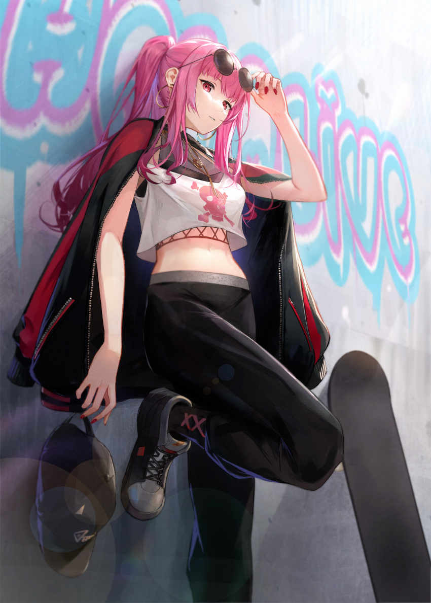 1girl absurdres against_wall arm_up bangs bare_arms baseball_cap black_footwear black_jacket black_pants crop_top crop_top_overhang dejio earrings eyewear_lift graffiti hat highres holding holding_clothes holding_hat hololive hololive_english hoop_earrings jacket jacket_on_shoulders jewelry long_hair looking_at_viewer midriff mori_calliope nail_polish pants pink_hair ponytail print_shirt red_eyes red_nails shirt shoes sidelocks skateboard skull_and_crossbones solo standing standing_on_one_leg sunglasses virtual_youtuber white_shirt