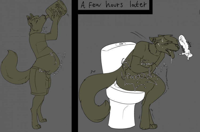 ambiguous_gender anthro belly belly_inflation belly_noises big_belly bloated bloating canid canine canis clothed clothing drinking emiechii implied_scat indigestion inflation lube lube_bottle male mammal partially_clothed pooping solo speech_bubble standing text toilet toilet_use upset_stomach wolf