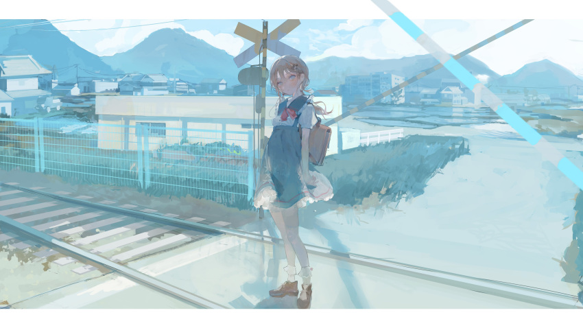 1girl absurdres backpack bag black_footwear blue_eyes blue_skirt blush breasts brown_hair cloud hair_behind_ear high-waist_skirt highres koume_5656 low_twintails mountain railroad_crossing railroad_tracks sakuma_sui shirt skirt sky small_breasts solo twintails vcicle virtual_youtuber white_shirt