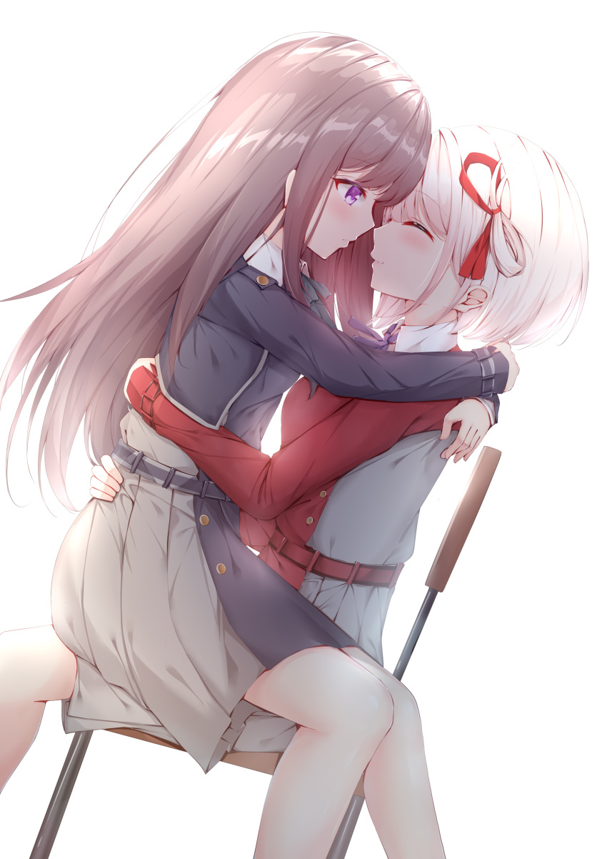 2girls absurdres blonde_hair blush breasts brown_hair closed_eyes closed_mouth grey_skirt hair_ribbon highres hug inoue_takina jin_tian_xiang_dian_sha long_hair looking_at_another lycoris_recoil multiple_girls nishikigi_chisato pleated_skirt purple_eyes ribbon school_uniform shiny shiny_hair short_hair simple_background sitting sitting_on_lap sitting_on_person skirt small_breasts smile white_background yuri