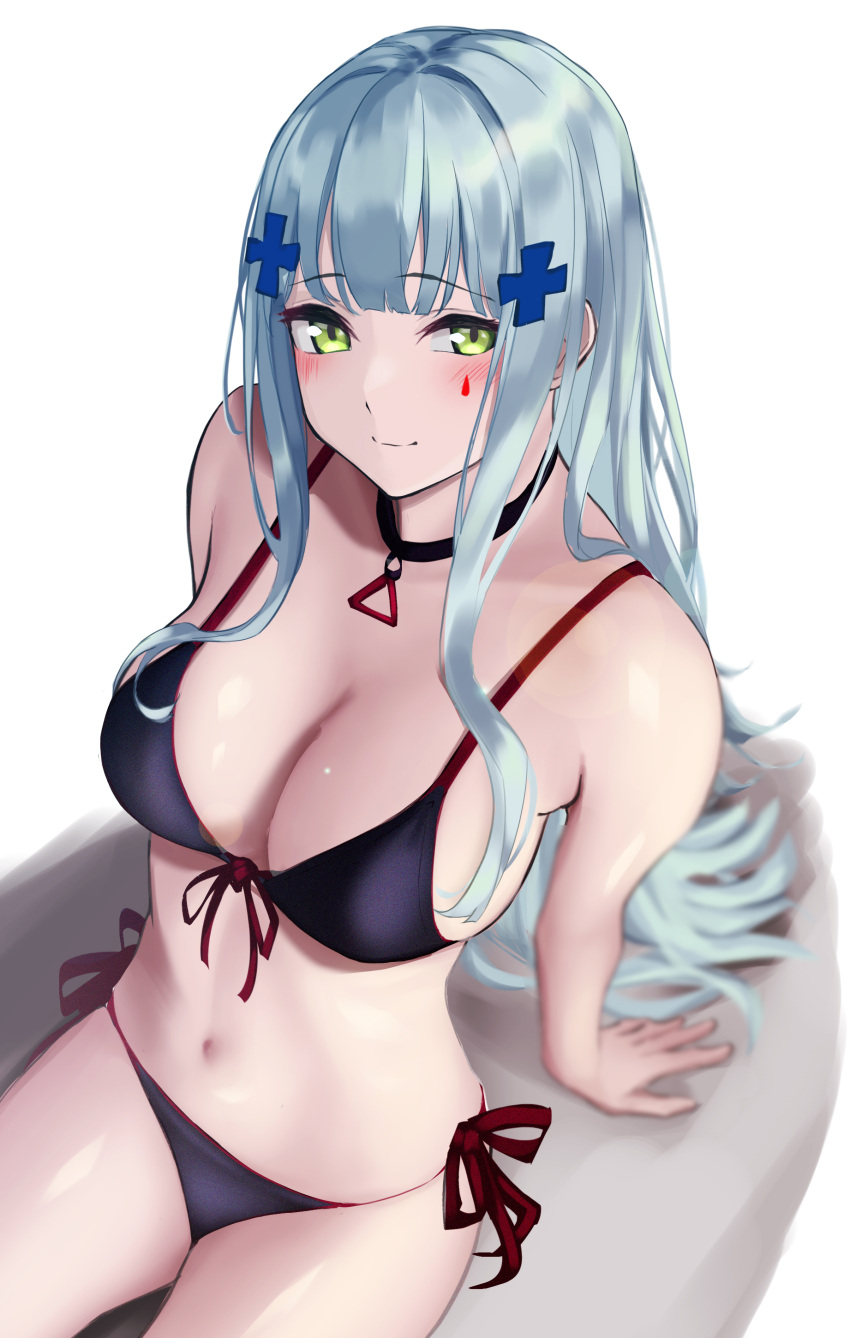1girl 3_small_spiders :3 absurdres alternate_costume arms_behind_back bangs bare_shoulders bikini black_choker blue_hair blush breasts choker cleavage closed_mouth commentary feet_out_of_frame girls'_frontline green_eyes hair_ornament hairclip hands_on_floor highres hk416_(girls'_frontline) long_hair looking_at_viewer medium_breasts navel purple_bikini purple_swimsuit shadow simple_background sitting solo swimsuit teardrop_facial_mark teardrop_tattoo triangle