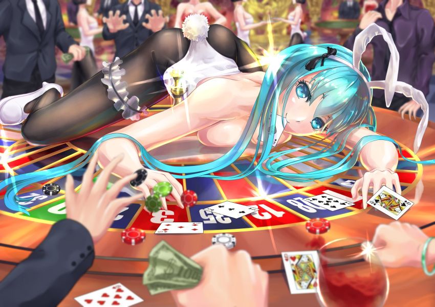 1girl ace_of_spades all_fours animal_ears aqua_eyes aqua_hair bangs blurry brown_pantyhose bunny_hair_ornament card casino crowd depth_of_field eefec fake_animal_ears fake_tail full_body gambling glint hair_ornament hatsune_miku highres leg_ribbon long_hair looking_at_viewer money mouth_hold on_table pantyhose people playboy_bunny playing_card poker_chip rabbit_ears rabbit_tail ribbon roulette smile solo_focus spade_(shape) table tail thigh_ribbon top-down_bottom-up twintails very_long_hair vocaloid