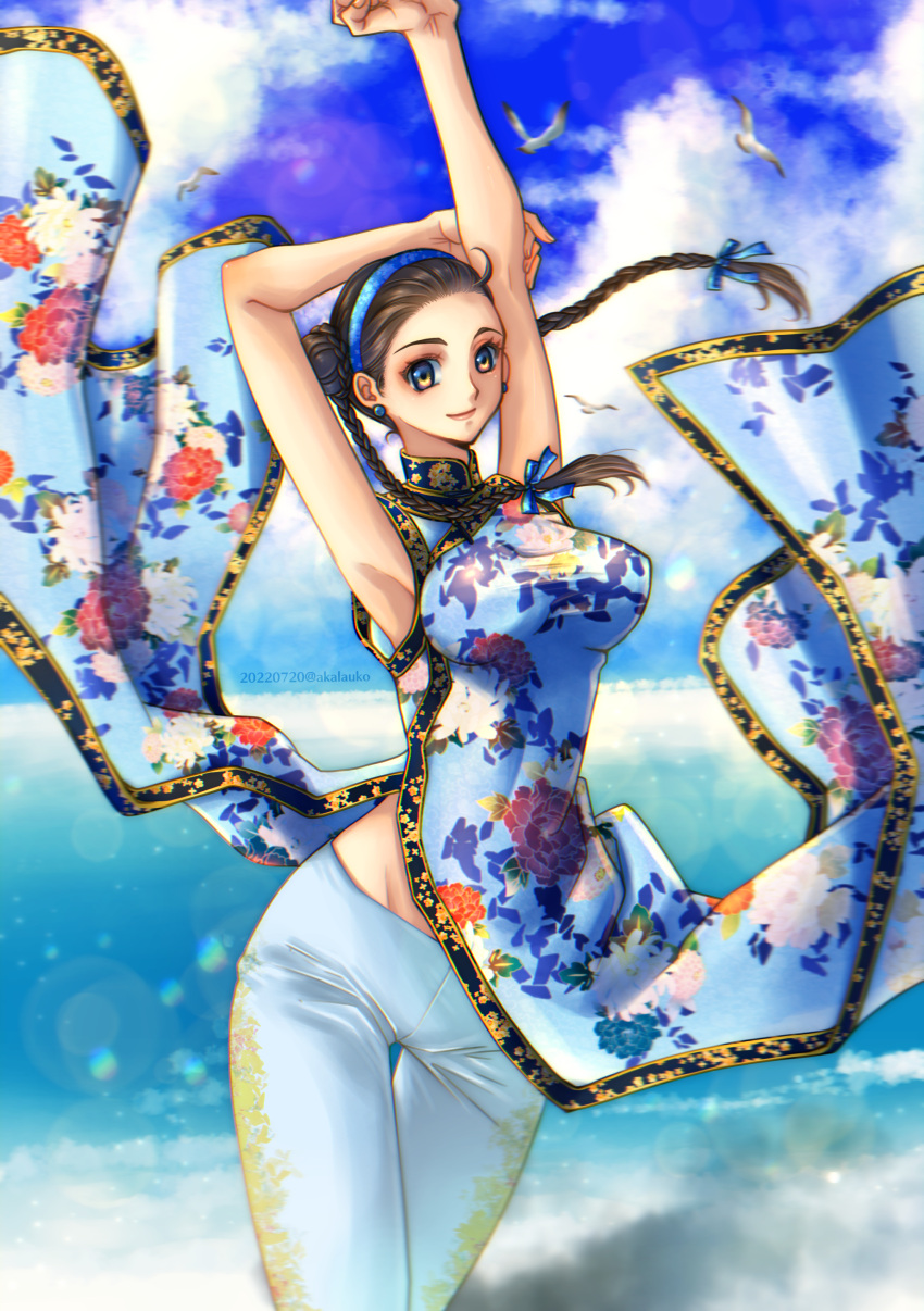 1girl absurdres armpits arms_up bird black_hair blue_bow blue_dress blue_hairband bow braid breasts brown_eyes china_dress chinese_clothes clothes_lift cloud cloudy_sky commentary_request day double_bun dress earrings floral_print hair_bow hair_bun hair_slicked_back hairband highres ikeda_tsukasa impossible_clothes impossible_dress jewelry linea_alba long_hair looking_at_viewer medium_breasts ocean pai_chan pants pelvic_curtain pelvic_curtain_lift pointy_breasts print_dress print_pants sky sleeveless sleeveless_dress smile solo stretching stud_earrings taut_clothes taut_dress thigh_gap twin_braids virtua_fighter white_pants wind wind_lift