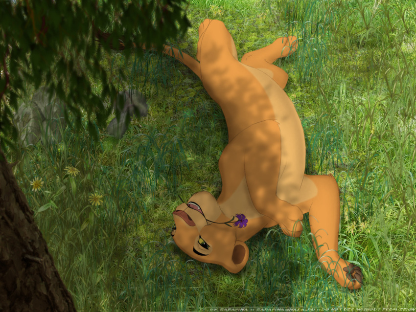 2004 brown_pawpads dappled_light disney female feral flower fur grass green_eyes leaf looking_at_viewer lying nala on_back pawpads paws plant rolling_over sarafina_(artist) smile smiling_at_viewer solo tan_body tan_fur teeth_visible the_lion_king