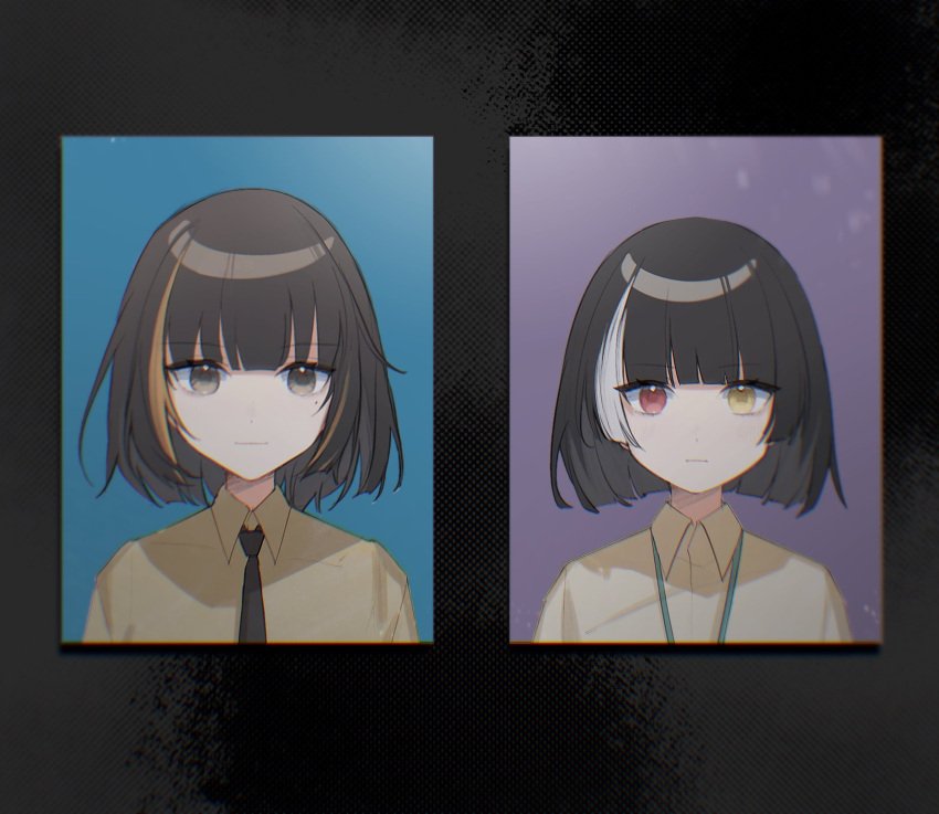 2girls bangs black_hair black_necktie brown_hair closed_mouth collared_shirt commentary_request expressionless girls'_frontline heterochromia highres lanyard long_hair looking_at_viewer m16a1_(girls'_frontline) mole mole_under_eye multicolored_hair multiple_girls necktie no_eyepatch portrait portrait_(object) red_eyes ro635_(girls'_frontline) shirt streaked_hair taiyang_ami white_hair yellow_eyes