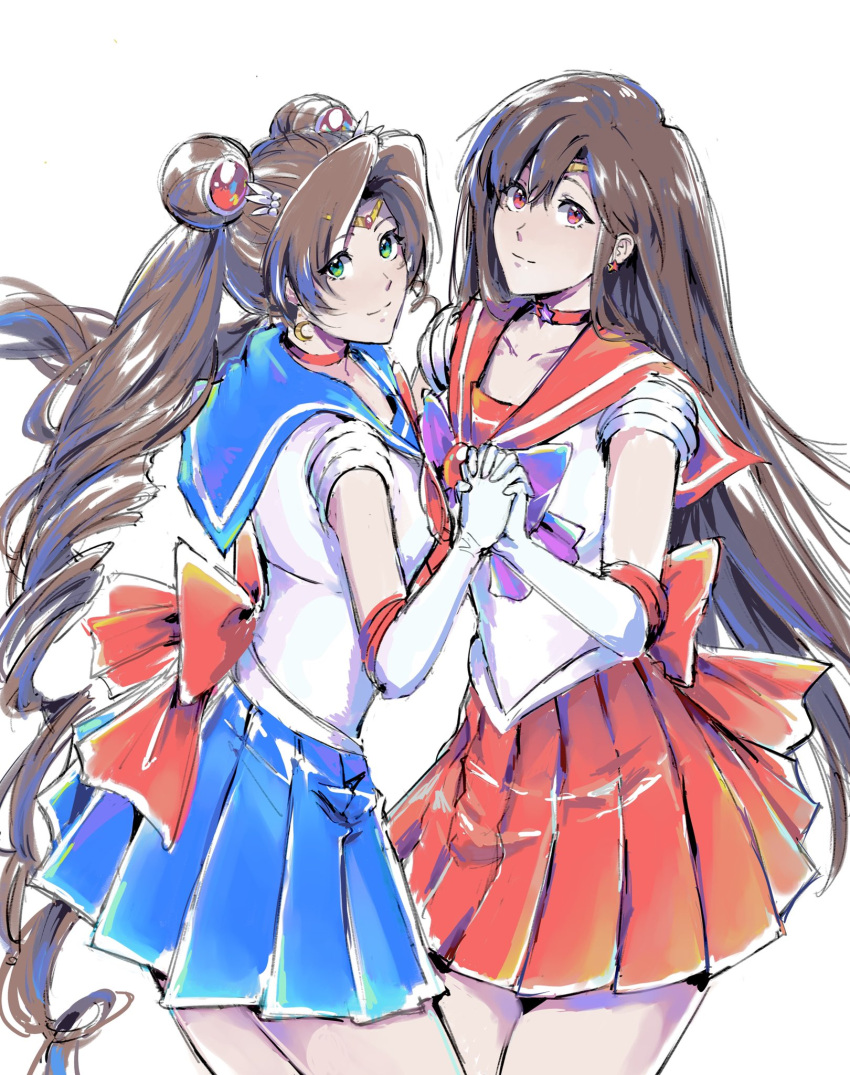 2girls aerith_gainsborough bishoujo_senshi_sailor_moon brown_hair cosplay final_fantasy final_fantasy_vii final_fantasy_vii_remake green_eyes highres kivavis long_hair multiple_girls red_eyes ribbon sailor_mars sailor_mars_(cosplay) sailor_moon sailor_moon_(cosplay) skirt tiara tifa_lockhart white_background