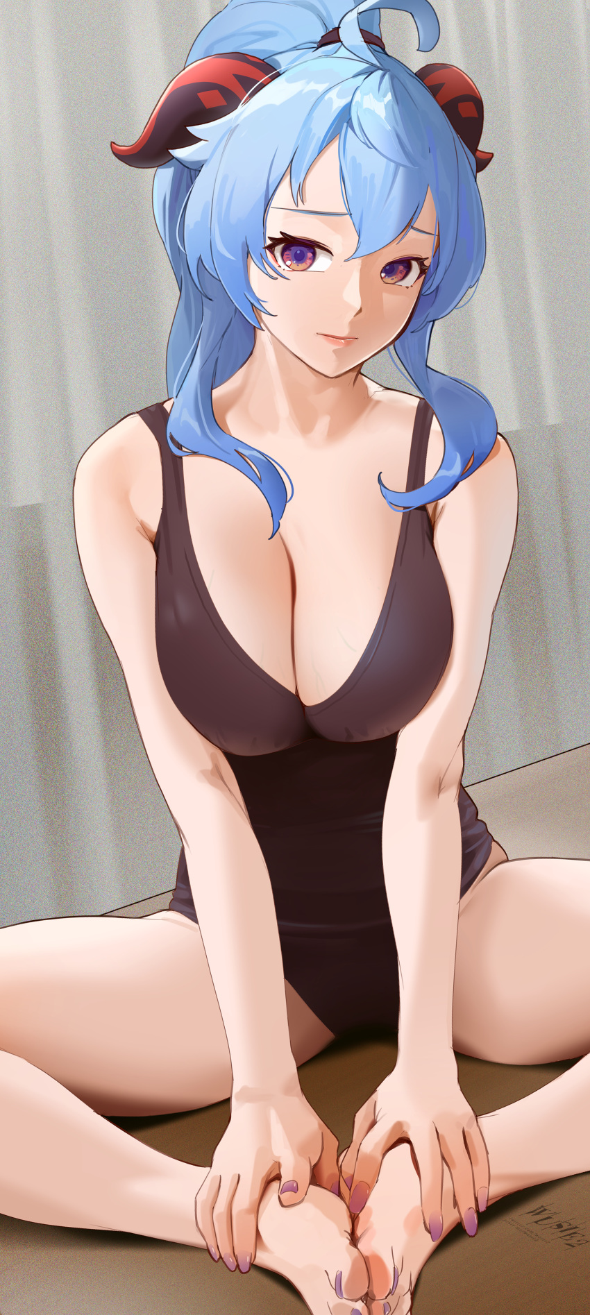 1girl absurdres ahoge alternate_costume bare_arms barefoot blue_hair blush breasts brown_swimsuit cleavage closed_mouth ganyu_(genshin_impact) genshin_impact goat_horns gradient_eyes hands_on_feet highres horns indian_style knees_out_of_frame large_breasts long_hair looking_at_viewer multicolored_eyes one-piece_swimsuit purple_eyes sidelocks sitting solo swimsuit wusie2