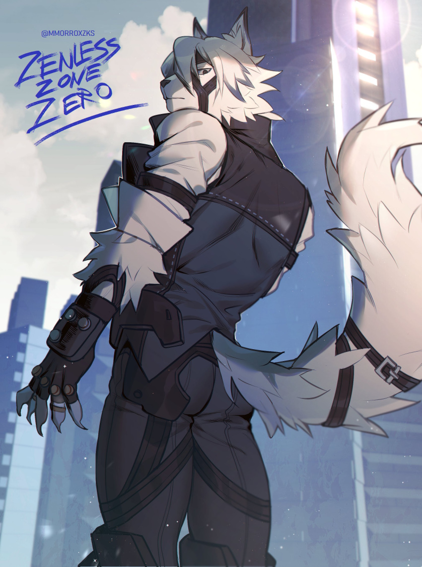 2022 absurd_res anthro artist_name blue_ink bottomwear building butler canid canine canis city claws clothing cloud finger_claws hi_res looking_back male mammal mmorroxzks pants portrait signature sky skyscraper solo three-quarter_portrait title topwear video_games von_lycaon wolf zenless_zone_zero