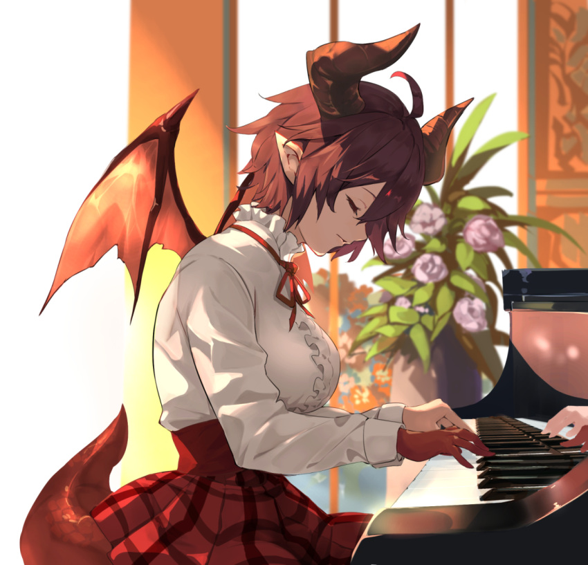 1girl bangs blurry blurry_background breasts center_frills closed_eyes closed_mouth colored_skin dragon_girl dragon_horns dragon_tail duplicate frills granblue_fantasy grea_(shingeki_no_bahamut) high-waist_skirt horns instrument large_breasts long_sleeves multicolored_skin music neck_ribbon nos piano pixel-perfect_duplicate plant playing_instrument playing_piano pointy_ears potted_plant red_hair red_ribbon red_skirt ribbon shingeki_no_bahamut shirt short_hair sidelocks sitting skirt solo tail white_shirt wings