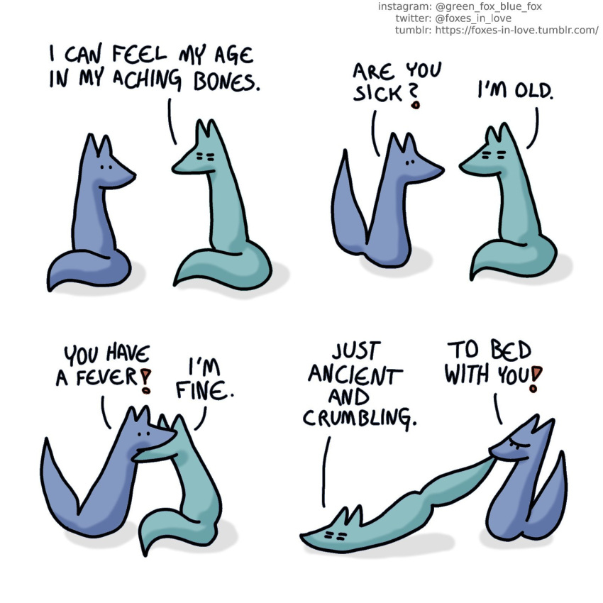 1:1 ambiguous_gender blue_body blue_fox_(foxes_in_love) blue_fur blue_tail canid canine comic dialogue duo english_text feral fox foxes_in_love fur green_body green_fox_(foxes_in_love) green_fur green_tail hi_res male_(lore) mammal shadow simple_background text url