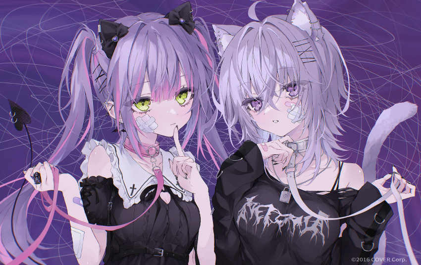 2girls absurdres ahoge animal_ears bandaid bandaid_on_arm bandaid_on_face bangs bare_shoulders black_nails breasts cat_ears cat_rubbing_(cevio) cat_tail collar collarbone commentary_request company_name demon_tail ear_piercing fingernails green_eyes highres hololive jewelry jirai_kei leash looking_at_viewer multicolored_hair multiple_girls nail_polish necklace nekomata_okayu official_art piercing pink_hair purple_background purple_eyes purple_hair si10ra tail tail_ornament tail_piercing tokoyami_towa twintails virtual_youtuber
