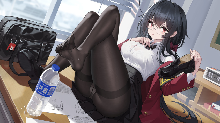 1girl absurdres analog_clock azur_lane black_bow black_bowtie black_hair black_pantyhose black_skirt blazer bottle bow bowtie bra_visible_through_clothes breasts button_gap clock crossed_legs desk dutch_angle glasses hand_on_own_chest highres jacket large_breasts long_hair looking_at_viewer mary_janes on_desk open_mouth panties panties_under_pantyhose pantyhose pantyshot pleated_skirt qianqiu_wanxia red_eyes school_uniform shirt shirt_tucked_in shoes shoes_removed sitting skirt taihou_(azur_lane) thighband_pantyhose toes underwear water_bottle white_shirt