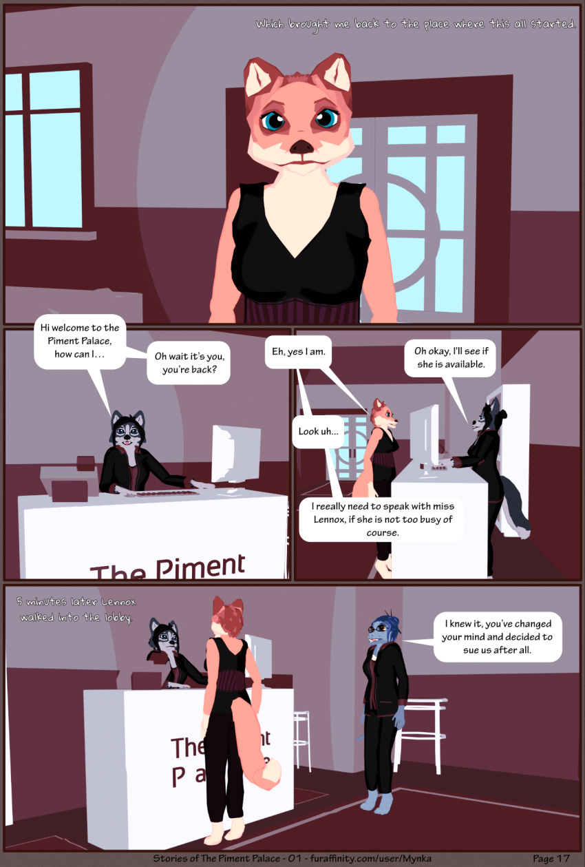 3d_(artwork) amphibian anthro canid canine canis clothed clothing comic computer desk dialogue digital_media_(artwork) domestic_dog duo english_text female fox furniture hi_res hotel husky lennox_(mynka) lobby mammal mynka nordic_sled_dog raelynn_(mynka) salamander_(amphibian) spitz table text uniform work_clothes