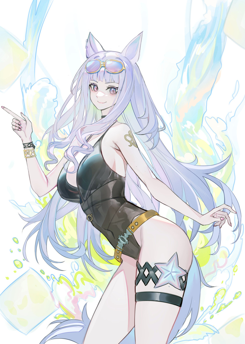 1girl absurdres animal_ears bad_anatomy bangs bare_shoulders black_choker black_swimsuit character_request choker covered_navel cowboy_shot echj eyewear_on_head grey_hair hand_up highres horse_ears long_hair looking_at_viewer nail_polish one-piece_swimsuit pink_nails purple_eyes smile solo standing sunglasses swimsuit tail thigh_strap thighs umamusume very_long_hair