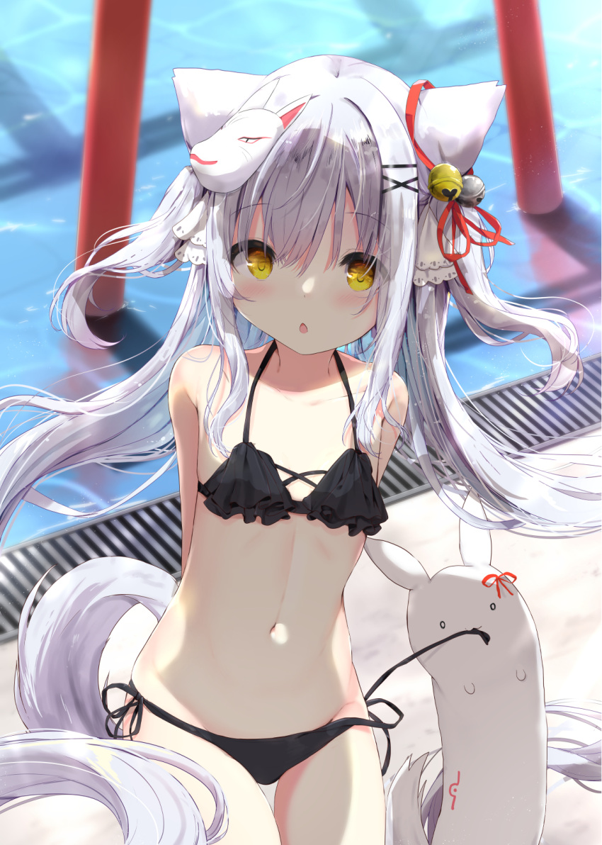 1girl :o animal_ears bangs bare_shoulders bell bikini black_bikini blush breasts collarbone commentary_request fox_ears fox_girl fox_mask fox_tail grey_hair groin hair_bell hair_between_eyes hair_ornament hairclip highres jingle_bell kouda_suzu long_hair looking_at_viewer mask mask_on_head navel original parted_lips pool poolside shiyou_(kouda_suzu) side-tie_bikini small_breasts solo swimsuit tail torii twintails untied untied_bikini very_long_hair water x_hair_ornament yellow_eyes