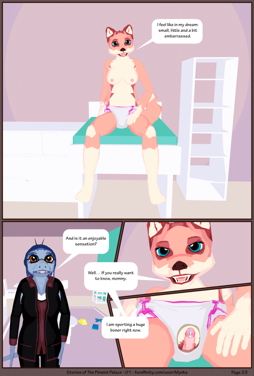 3d_(artwork) amphibian anthro blush bodily_fluids breasts canid canine changing_table clothed clothing comic dialogue diaper diaper_fetish digital_media_(artwork) english_text erection erection_in_diaper erection_under_bottomwear female fox furniture genital_fluids genitals gynomorph hi_res infantilism internal intersex intersex/female lennox_(mynka) mammal mynka nipples nude nursery penis precum pubes raelynn_(mynka) salamander_(amphibian) sitting speech_bubble text wearing_diaper work_uniform