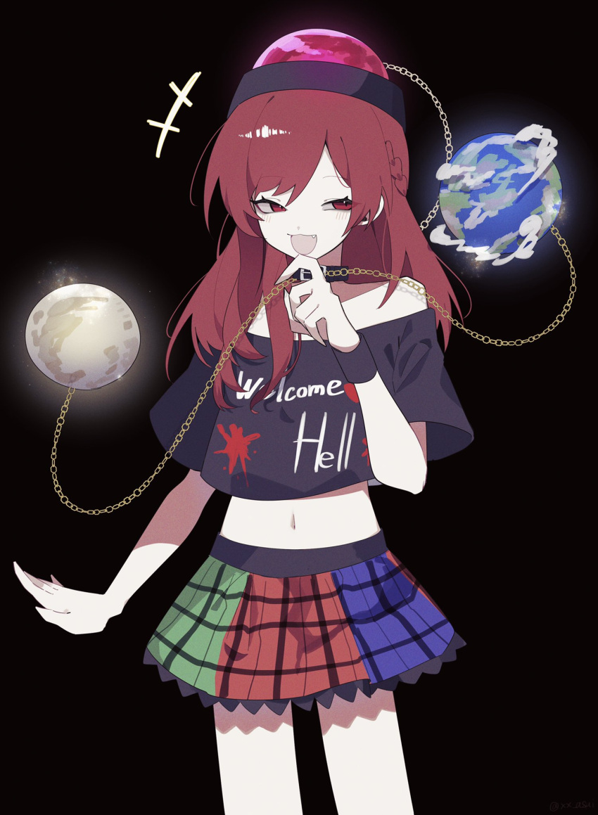 1girl :3 :d bangs black_background black_collar black_shirt blue_skirt braid chain clothes_writing collar cowboy_shot earth_(planet) fang finger_to_own_chin french_braid green_skirt half-closed_eyes hecatia_lapislazuli highres long_hair midriff miniskirt moon multicolored_clothes multicolored_skirt off-shoulder_shirt off_shoulder open_mouth orb plaid plaid_skirt planet polos_crown red_eyes red_hair red_skirt shirt short_sleeves simple_background skirt smile solo t-shirt touhou wristband xx_asui