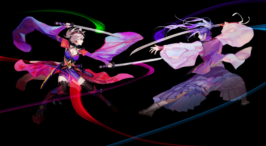 1boy 1girl black_background breasts cleavage daeraeband detached_sleeves dual_wielding earrings eye_contact fate/grand_order fate/stay_night fate_(series) fighting floating_hair hair_ribbon hakama highres holding holding_sword holding_weapon japanese_clothes jewelry katana long_hair long_sleeves looking_at_another medium_breasts miyamoto_musashi_(fate) ponytail profile purple_hair purple_hakama purple_sleeves ribbon sasaki_kojirou_(fate) stance sword thighhighs very_long_hair weapon white_hair white_ribbon wide_sleeves