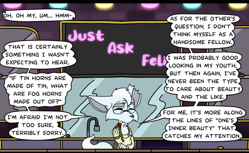 age_difference anonymous_artist answering anthro asking bartender canid canine comic felix_a_fox fennec fox humanoid male mammal old older_anthro older_male toony