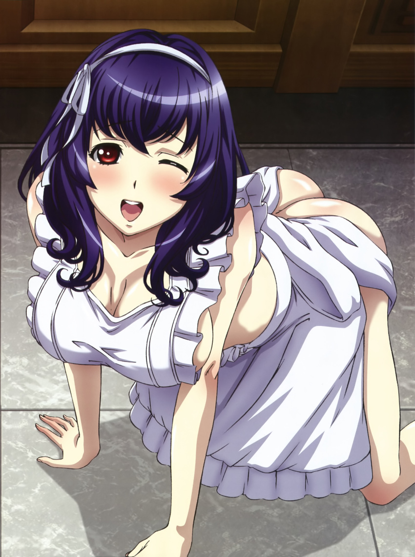 1girl absurdres apron ass breasts highres large_breasts looking_at_viewer non-web_source nude one_eye_closed open_mouth purple_hair smile solo yamanobe_tomo