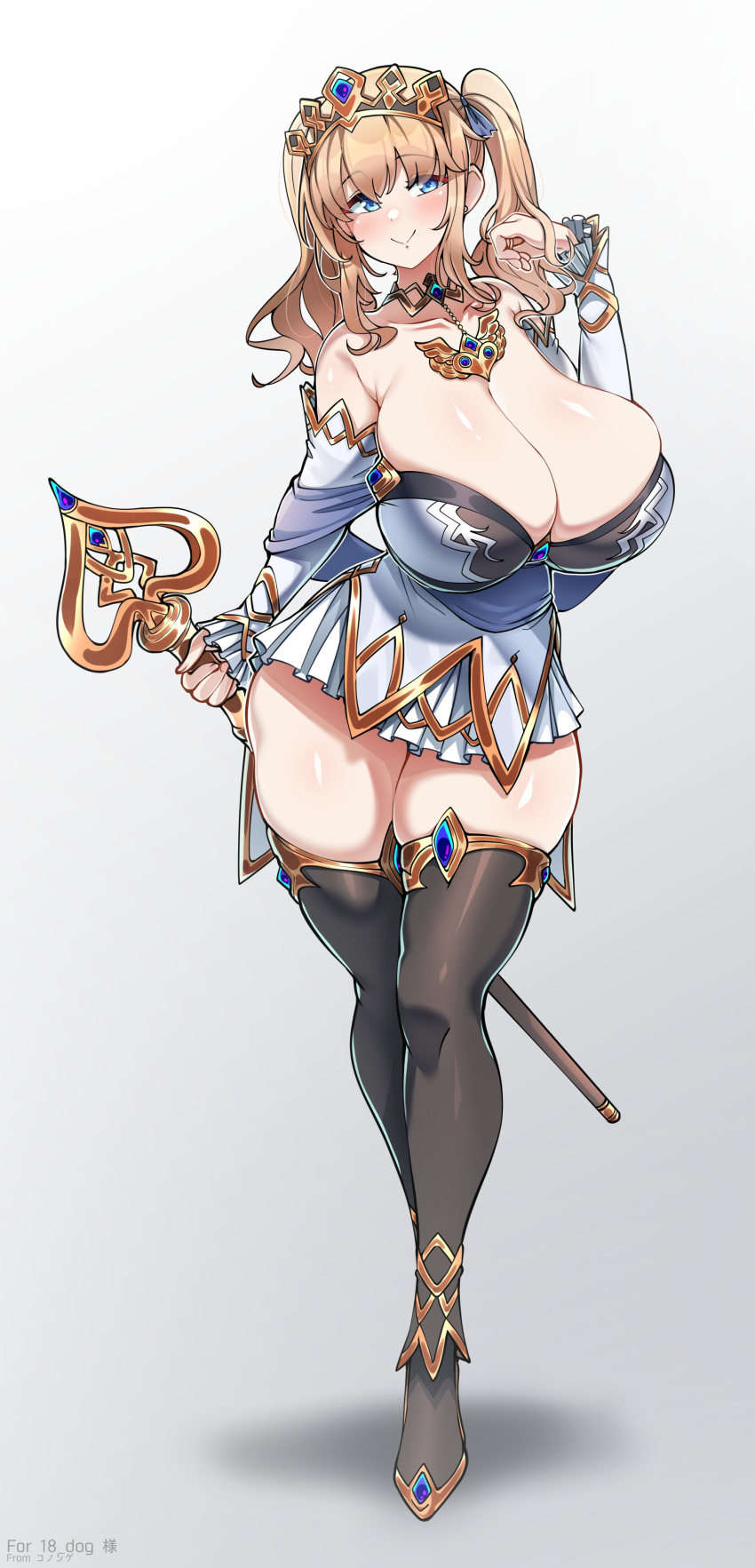 1girl absurdres bangs blonde_hair blue_eyes blush blush_stickers breasts cleavage cleric commission frilled_skirt frills highres holding huge_breasts konoshige_(ryuun) long_hair long_sleeves looking_at_viewer original short_twintails skeb_commission skindentation skirt smile solo staff thick_thighs thighhighs thighs tiara tight twintails weapon wide_hips