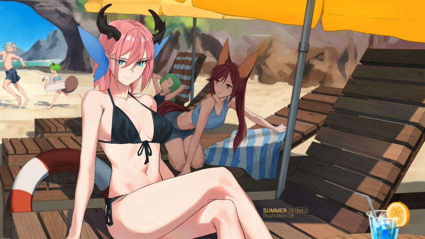 1boy 2018 4girls animal_ears arms_behind_head bangs beach beach_chair beach_towel bikini blue_eyes breasts brown_eyes cleavage crossed_legs cup day denim denim_shorts drink drinking_glass drinking_straw food fruit green_hair grey_hair head_fins highres horns kndy long_hair looking_to_the_side lying male_swimwear marine_day monster_girl multiple_girls navel on_back orange_(fruit) orange_slice original outdoors parted_lips pink_hair ponytail rock running sand short_hair shorts side-tie_bikini sitting sky sleeping smile striped_innertube striped_towel summer swim_trunks swimsuit tail tank_top topless_male towel