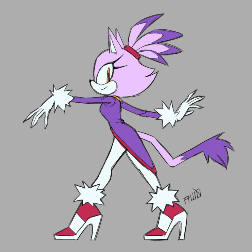 anthro aw0-files blaze_the_cat boots clothing ejaculation felid feline female footwear grey_background hair hands-free hi_res high_heeled_boots high_heels lavender_fur looking_at_viewer mammal ponytail pose sega side_view simple_background smile solo sonic_the_hedgehog_(series)