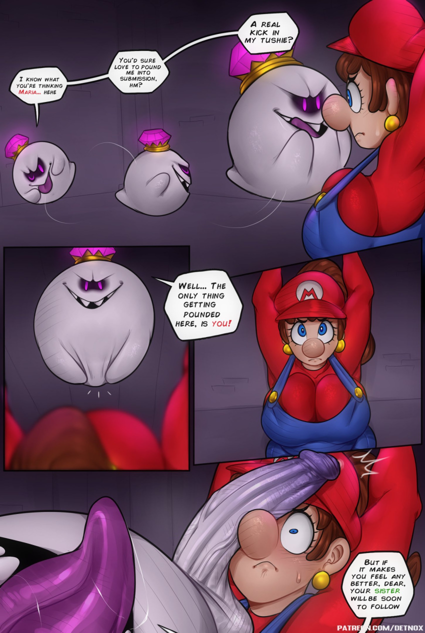 ... balls big_penis blep blue_eyes boo_(mario) brown_hair clothing comic crossgender crown detnox dialogue duo ear_piercing english_text erection exclamation_point female foreskin frown genitals ghost hair hat headgear headwear hi_res human imminent_rape king_boo luigi's_mansion male male/female mammal mario mario_bros mocking mtf_crossgender nintendo one_eye_closed open_mouth overalls partially_retracted_foreskin penis penis_on_face piercing purple_eyes question_mark shirt speech_bubble spirit tan_body tan_skin text tongue tongue_out topwear video_games white_body