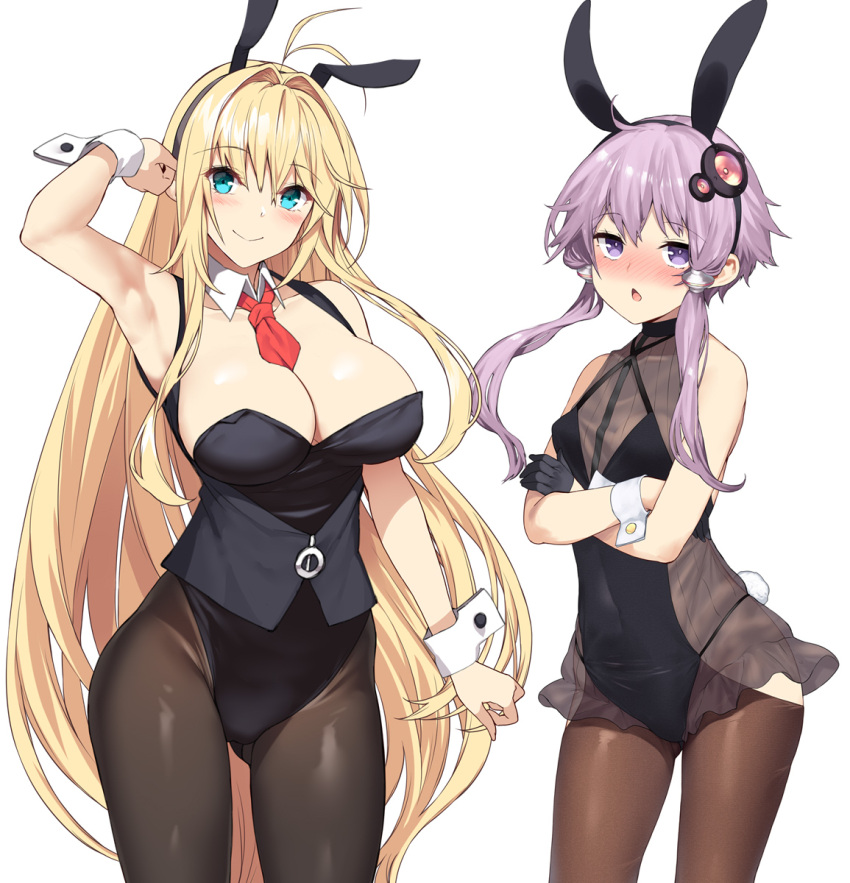 2girls animal_ears arm_up armpits black_gloves black_leotard blue_eyes breasts cleavage closed_mouth cowboy_shot crossed_arms detached_collar gloves hair_ornament highres large_breasts leotard long_hair looking_at_viewer multiple_girls necktie pantyhose playboy_bunny purple_hair rabbit_ears red_necktie see-through sidelocks simple_background single_glove small_breasts smile standing tsurumaki_maki voiceroid white_background wrist_cuffs yappen yuzuki_yukari