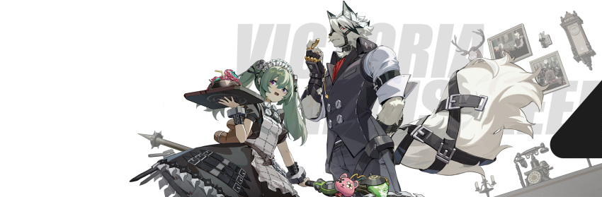 accessory alpha_channel anthro armband belt big_tail butler canid canine canis clock clothing duo female food fur gloves green_hair hair handwear harness headband hi_res human humanoid leather leather_harness leather_straps maid_uniform male mammal muzzle_(object) official_art pocketwatch red_eyes red_scarf rolled_up_sleeves scarf simple_background solo transparent_background uniform von_lycaon watch white_body white_fur white_hair wolf zenless_zone_zero